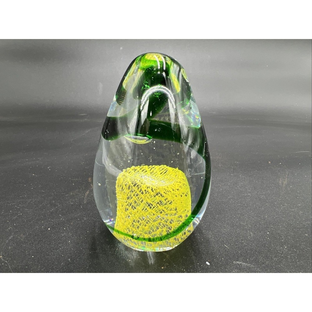 Art Glass Paperweight With Yellow Green Swirls All Over Egg Shaped Paperweight